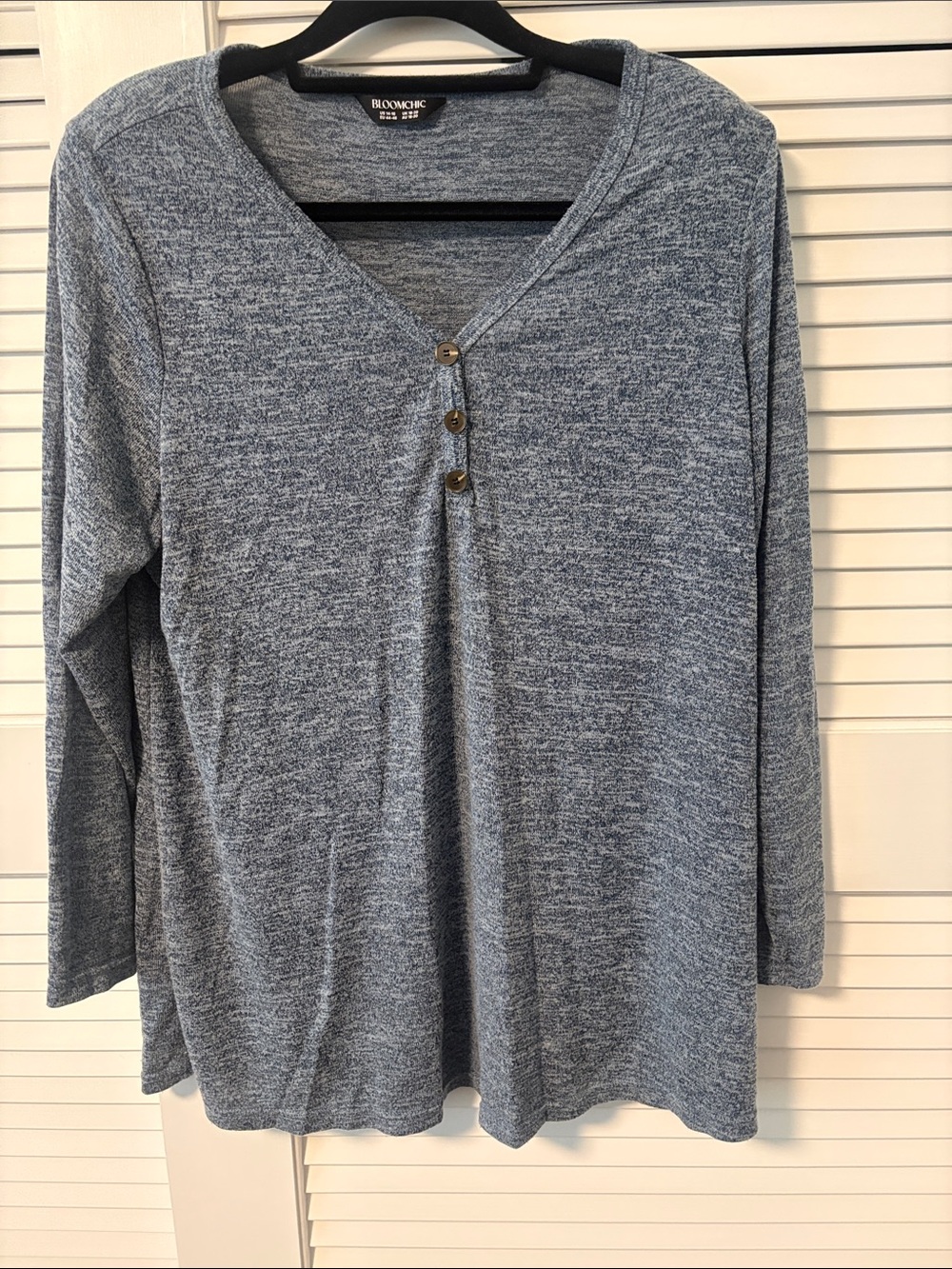 BloomChic  Heathered Light Blue V-Neck Henley Long Sleeve Top